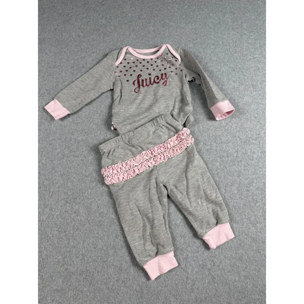 Juicy Couture Bodysuit Jogger Set 3/6M Gray Pink Y2K Ruffle Butt Athleisure